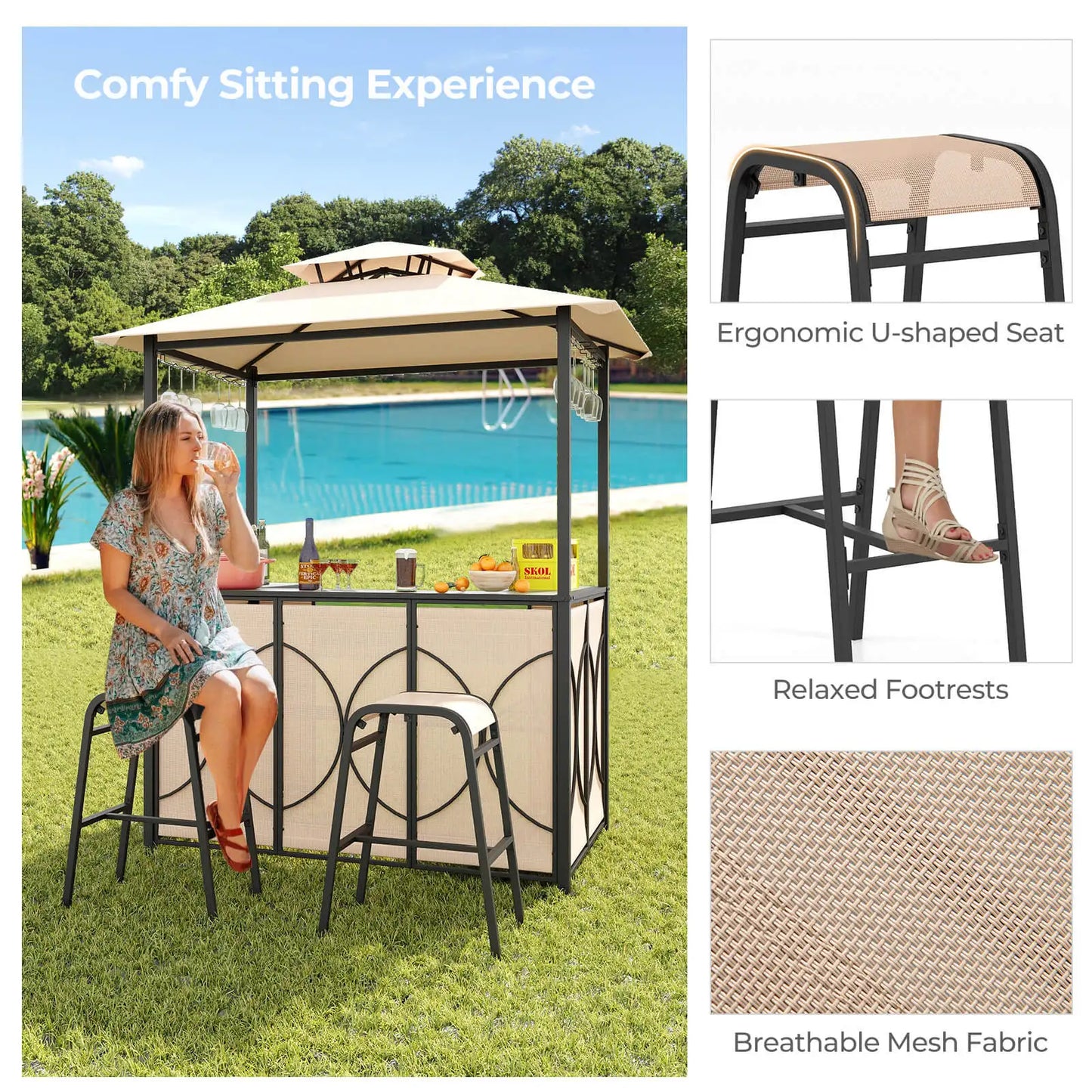 3 PCS,  Patio Bar Set with Tempered Glass Bar Table, Metal Storage Shelves for Garden Storage