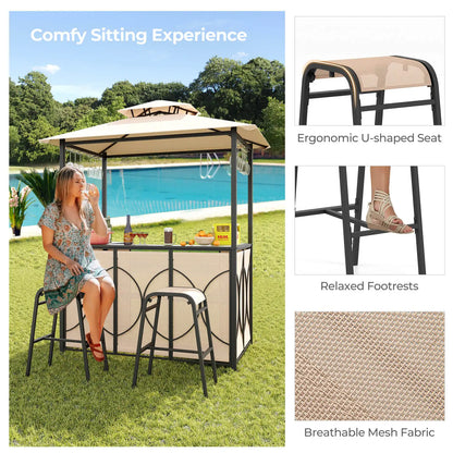 3 PCS,  Patio Bar Set with Tempered Glass Bar Table, Metal Storage Shelves for Garden Storage