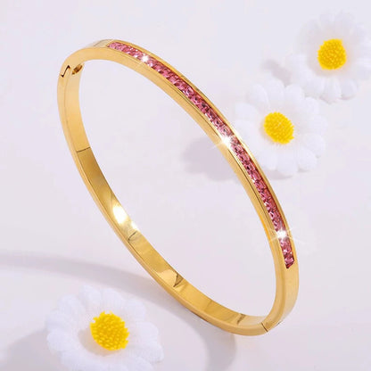 ZAKOL New Buling Pink Crystal Zirconia Stainless Steel Bracelet for Women Versatile Stackable Jewelry Waterproof Bangle Gift