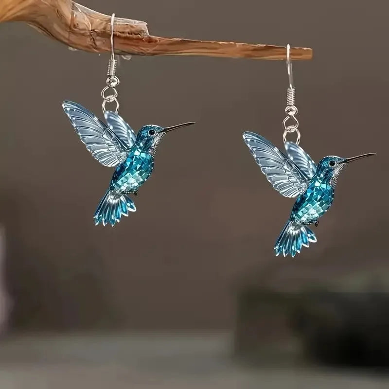 Acrylic Hummingbird Earrings For Women.  Retro Style Colorful Bird Drop Earrings.