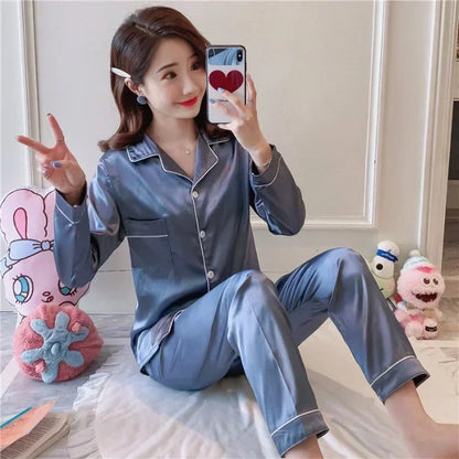 Plus Size Pajamas Women Fall and Winter Ice Silk Long Sleeve Two Piece Set Loungewear Nightwear Ladies Solid Color Sleepwear