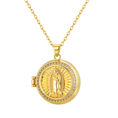 Vnox Metal AAA Zircon Inlaid Virgin Mary Necklace, Gold Plated Can Open Pendant, Classic Religious Jewelry