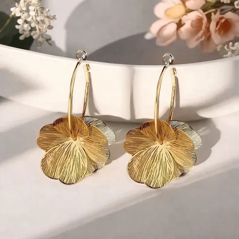 Stainless Steel Golden Double-Layer Hollow Flower Hoop Earring for Women.  Vintage Flower Earrings for  MOTHERS DAY and Daily Wear Jewelry