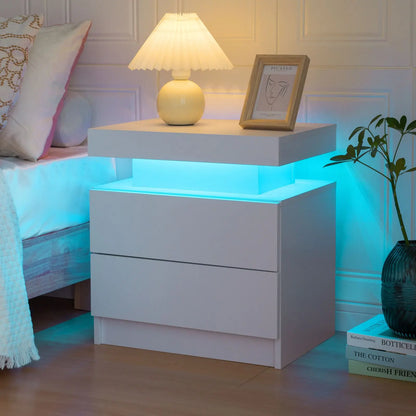 Cube LED Nightstand with 2 Drawers, End Table with RGB LED Lights for Bedroom, Living Room, in White