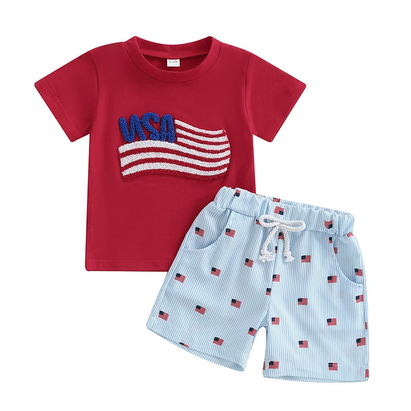2025-02-22 Lioraitiin Baby Boys Patriotic Outfits Flag Embroidery Short Sleeves T-Shirt and Elastic Striped Shorts Clothes Set