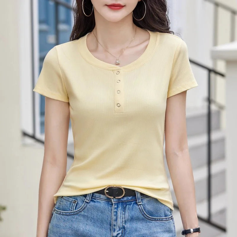 New Women Casual T-shirt Summer Fashion O-Neck Short Sleeve Solid Color Slim Tees Simplicity Basic Short T-shirt Female 4 colors, well-stocked.