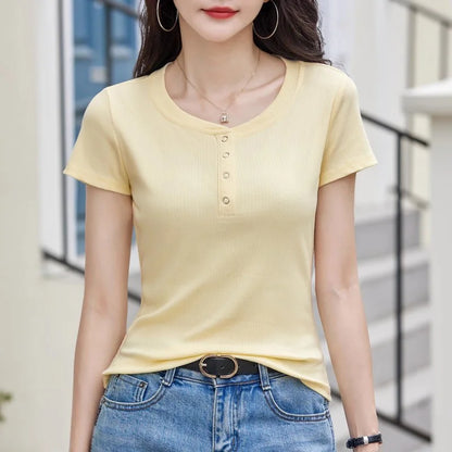 New Women Casual T-shirt Summer Fashion O-Neck Short Sleeve Solid Color Slim Tees Simplicity Basic Short T-shirt Female 4 colors, well-stocked.