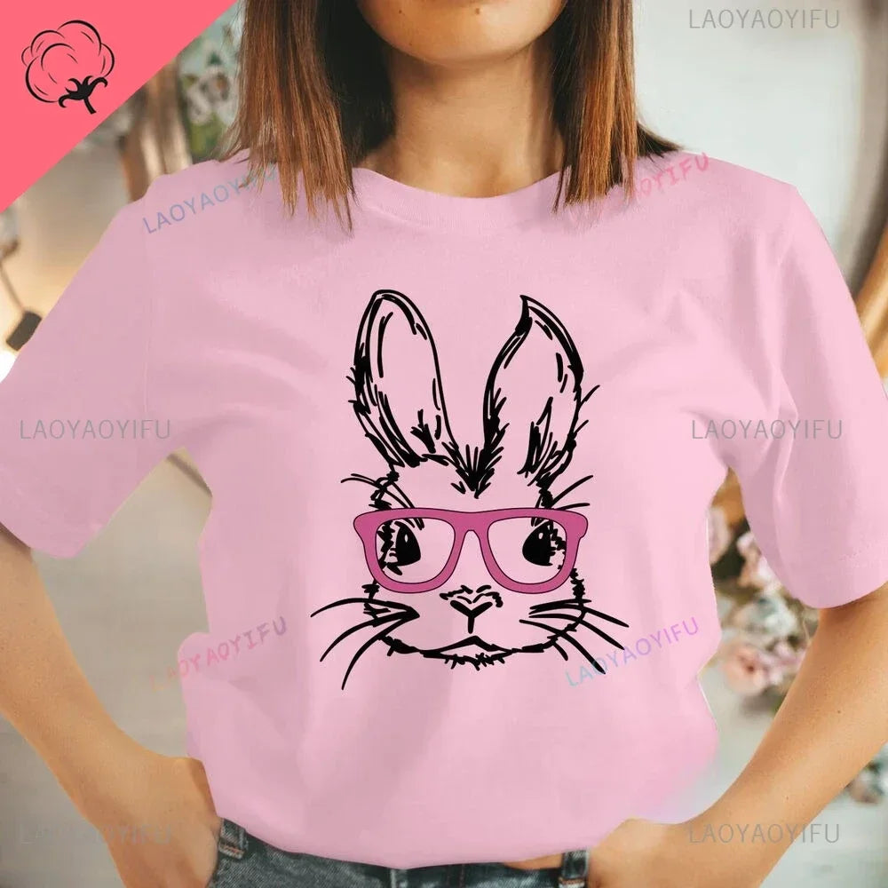Bunny with Sunglass Unisex Retro Aesthetic T-shirt Funny. Happy Easter Bunny,  Cotton Tshirt, Ears  and Cute Rabbit