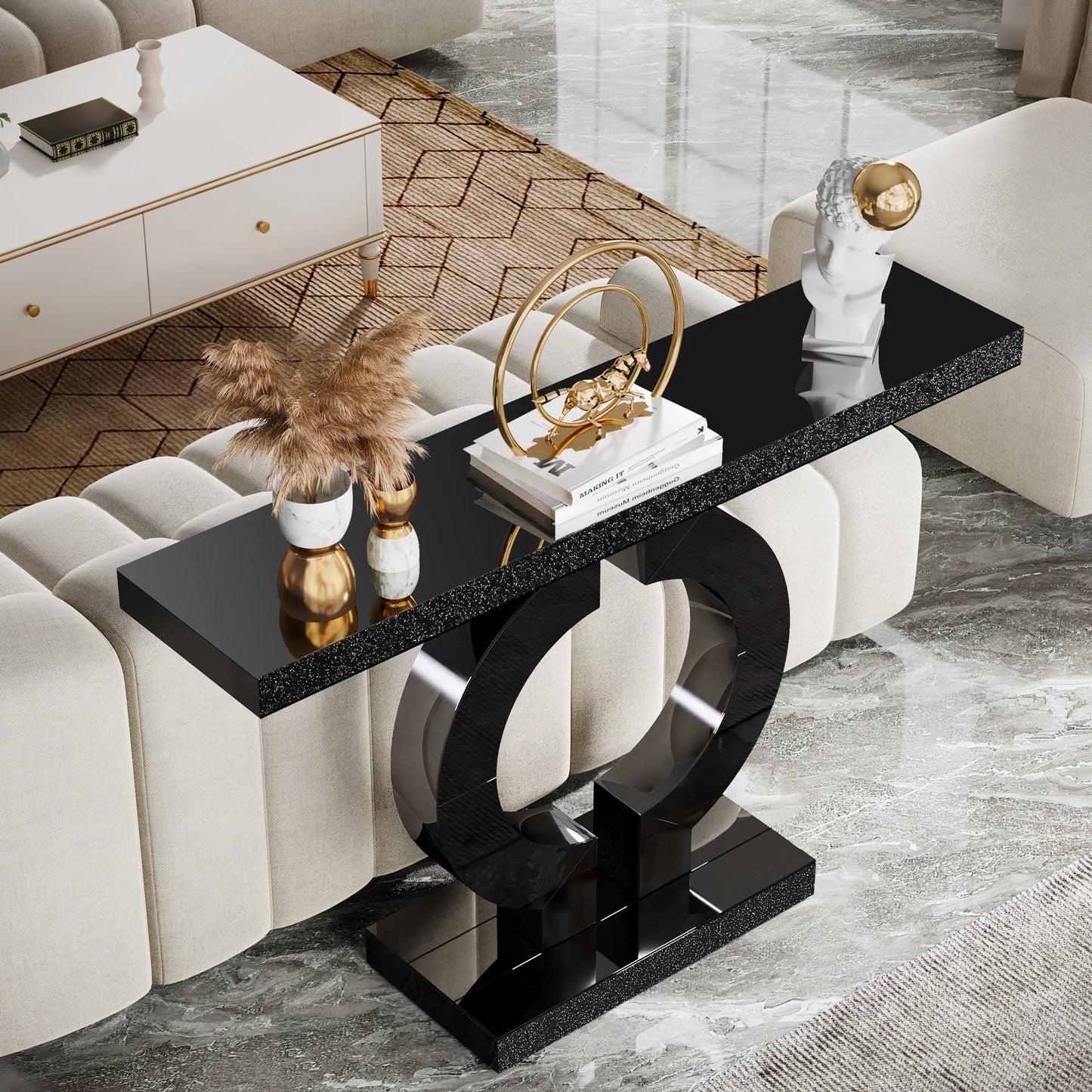 43-Inch Modern Mirrored Console Table,, Glass Sofa Table with Mirror Finish, Entryway Table with O-Shaped Base, Rectangular in Shape