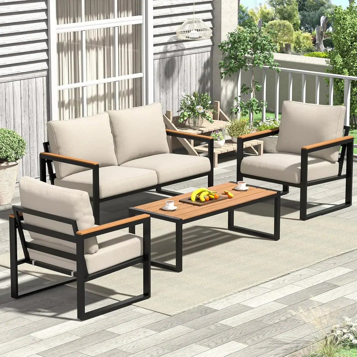 4 Pieces Outdoor Patio Furniture with Coffee Table Set, Metal Patio Set with Washable Cushions
