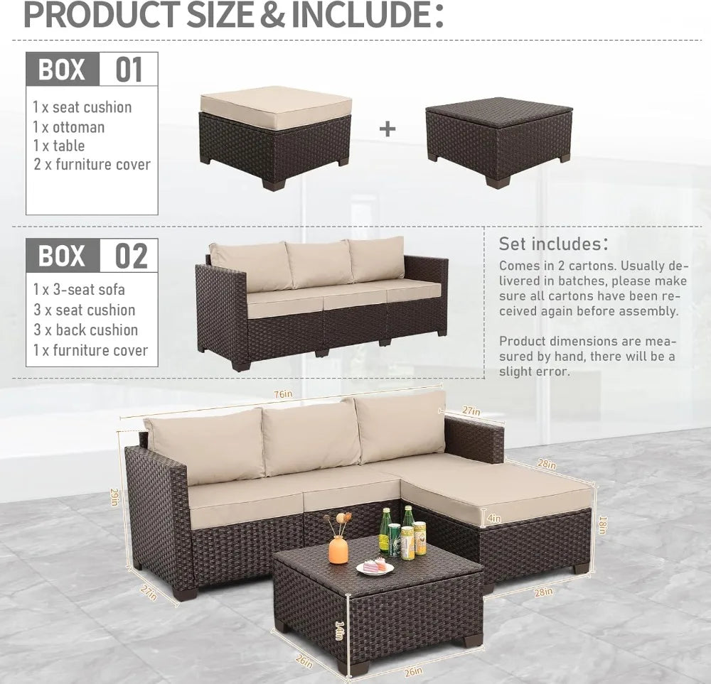 Outdoor Sectional Sofa Set, 3-Pieces with Storage Table, Ottoman, All-Weather Cushions & Waterproof Covers