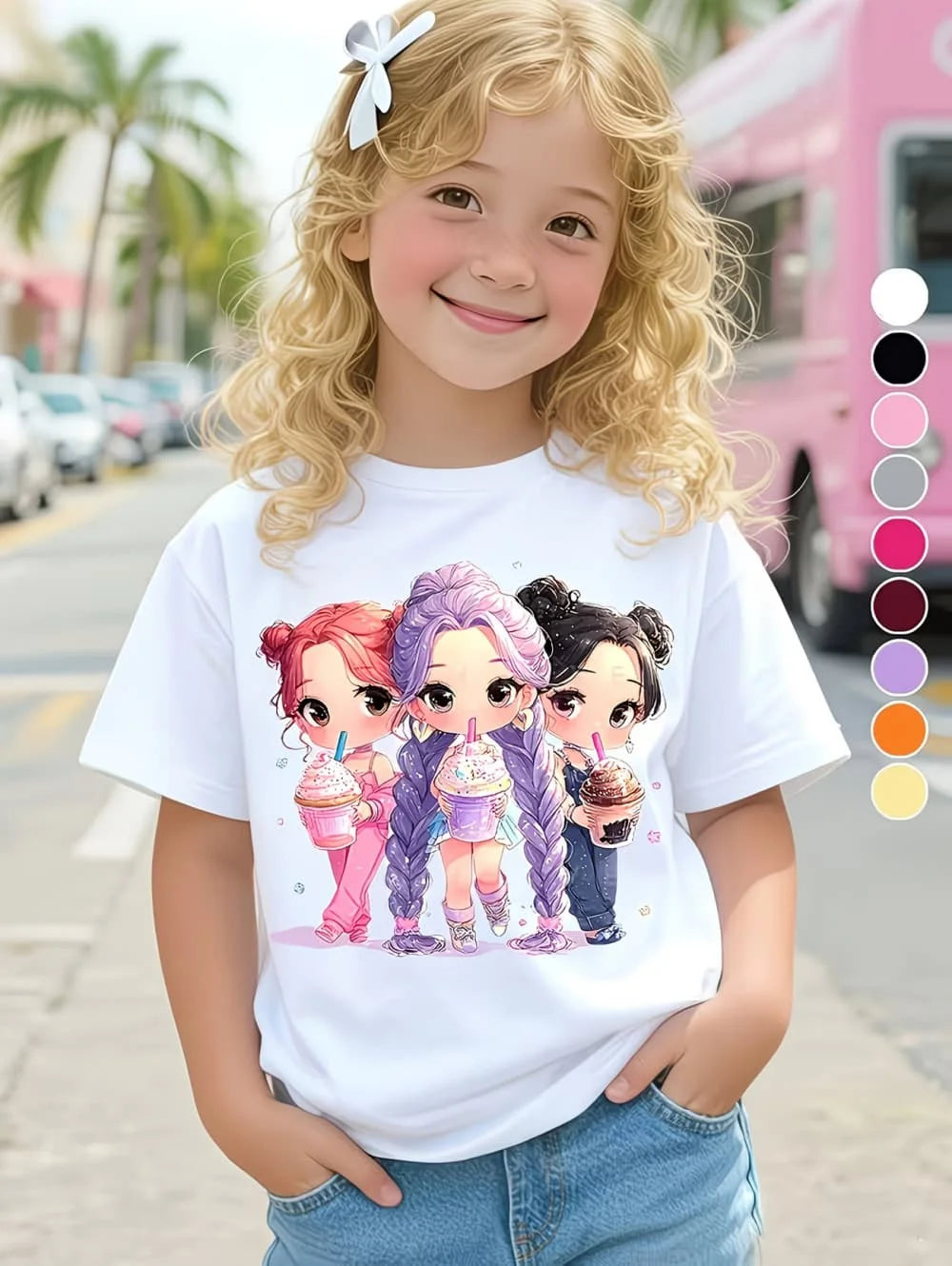 Summer, Kpop Popular Cartoon Print,  Children's Design,  Casual Style,  Round Neck,  Short Sleeved Top,  Kids Clothes