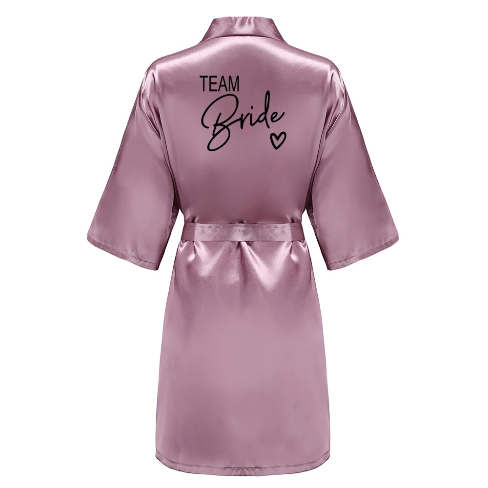 Wedding Party Team Bride Robe With Black Letters, Kimono Style Satin Bridesmaid Bathrobes