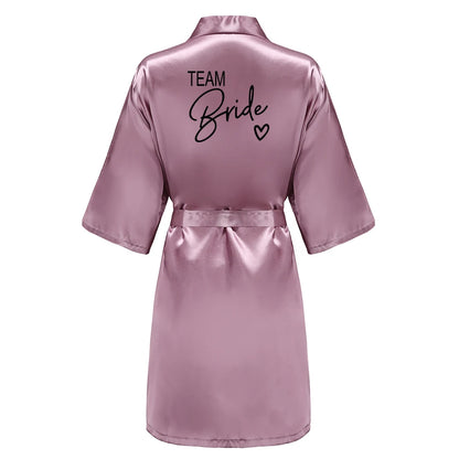 Wedding Party Team Bride Robe With Black Letters, Kimono Style Satin Bridesmaid Bathrobes