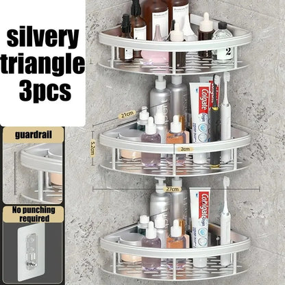 Towel rack wall mounted shower shampoo rack.   no drill rack,  tripod wall mounted corner rectangular bathroom rack.