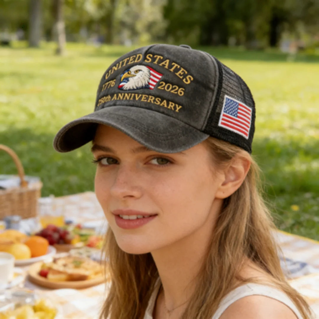 United States 250th Anniversary,  1776-2026 Bald Eagle Embroidered,  Washed Mesh,  American Flag , Adjustable Baseball Cap