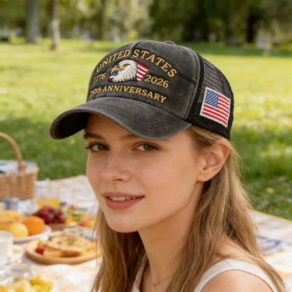 United States 250th Anniversary,  1776-2026 Bald Eagle Embroidered,  Washed Mesh,  American Flag , Adjustable Baseball Cap