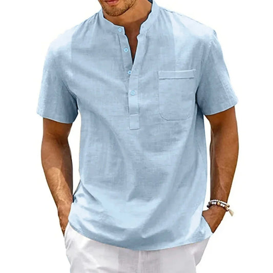 Cotton /Linen Shirt for  Men , Henley Neck,  Pocket,  Casual Beach, Short Sleeved,  Solid Colors, Male T-shirts