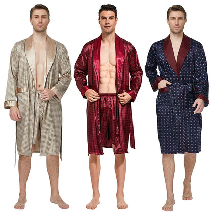 Men’s Satin Robe,  Lightweight  Silk with Long Sleeves.  Kimono Style Bathrobe including  Shorts Set
