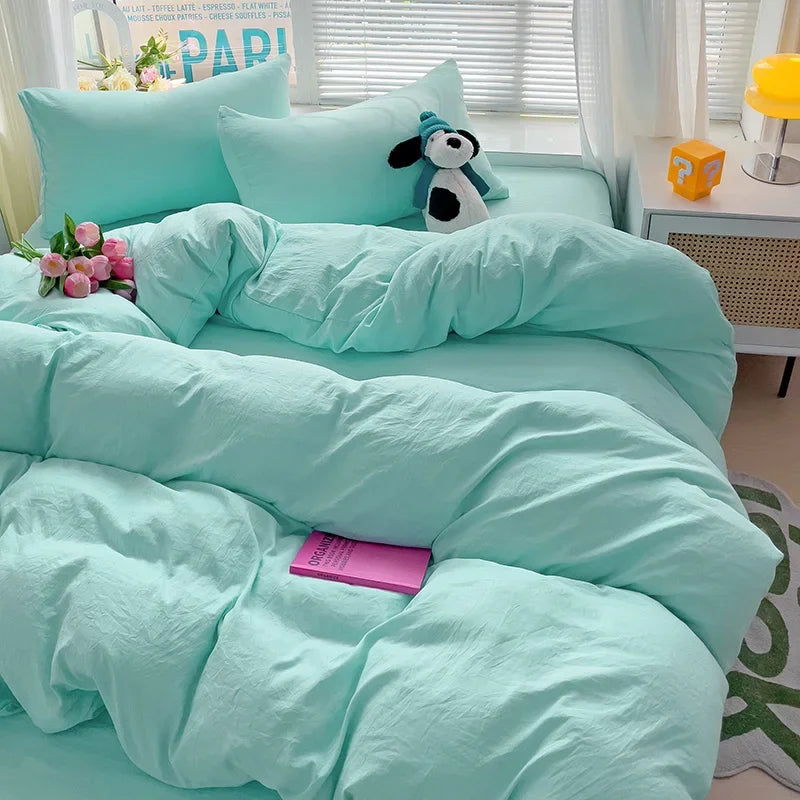 Solid Bed Linen Cotton Bedding Set 4pcs with Sheet Duvet Cover,  Pillowcases, Single/  Couple Bedsheet Single / Couple Twin Size