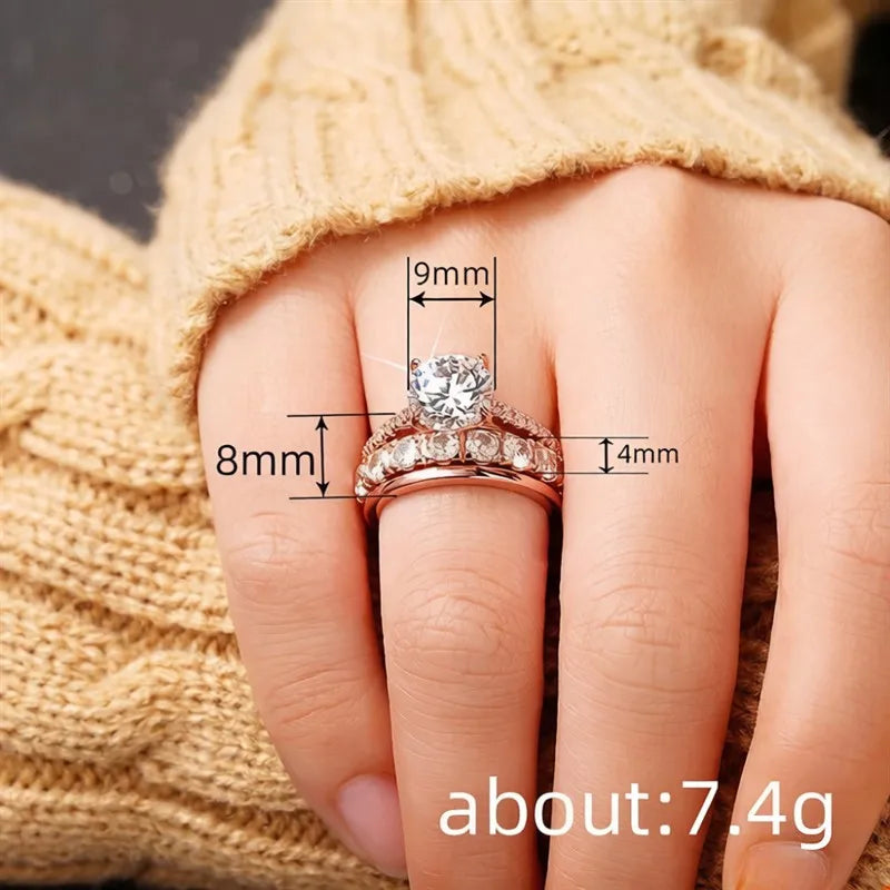 Huitan Gorgeous 3Pcs Set of Rings Female Luxury Shiny Round Zirconia Finger Jewelry Fashion Gold Color Accessories for Wedding