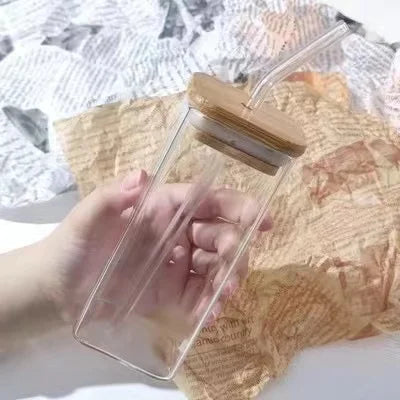 1Pcs Square,  Heat Resistant Coffee /Glass Cup With Lid and Straw, Transparent