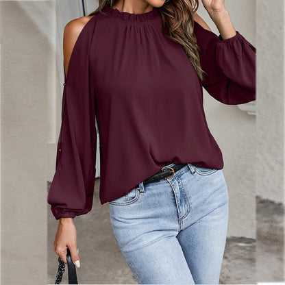 Autumn and Winter New Women's Clean Color Lotus Leaf Round Neck Long Sleeve Pleated Off Shoulder Fashion Women's Top.  3 colors all available.  BURGUNDY,  DARK GREEN, BLACK,  waiting for everyone to transition into the fall.