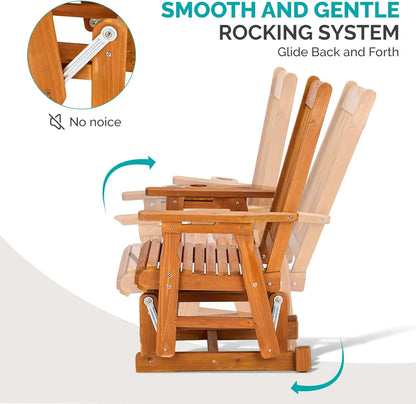 Wooden Glider Chair  with Cup Holder, Porch Glider with Smooth Rocking Mechanism, Heavy Duty 600 LBS