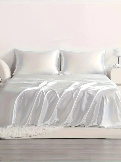 4pcs Cooling Satin Bed Sheet Set, Shrink-Resistant, Fade-Resistant, Hypoallergenic, Breathable, Flat Sheet & Fitted Sheet & Pill