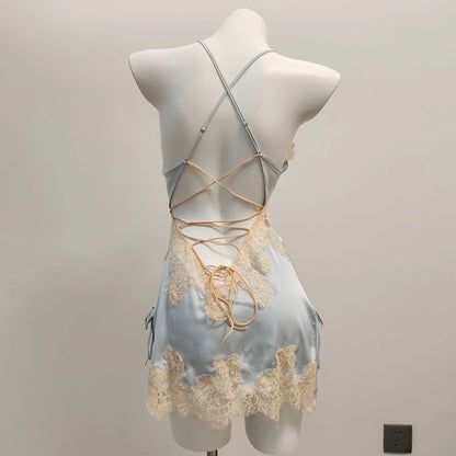 Sexy Pajamas for Women Nightwear.   Ice Silk Lace,  Beautiful Back Suspender Pajama Night Dress,  Elegant Strap,  Sweet Nightgown