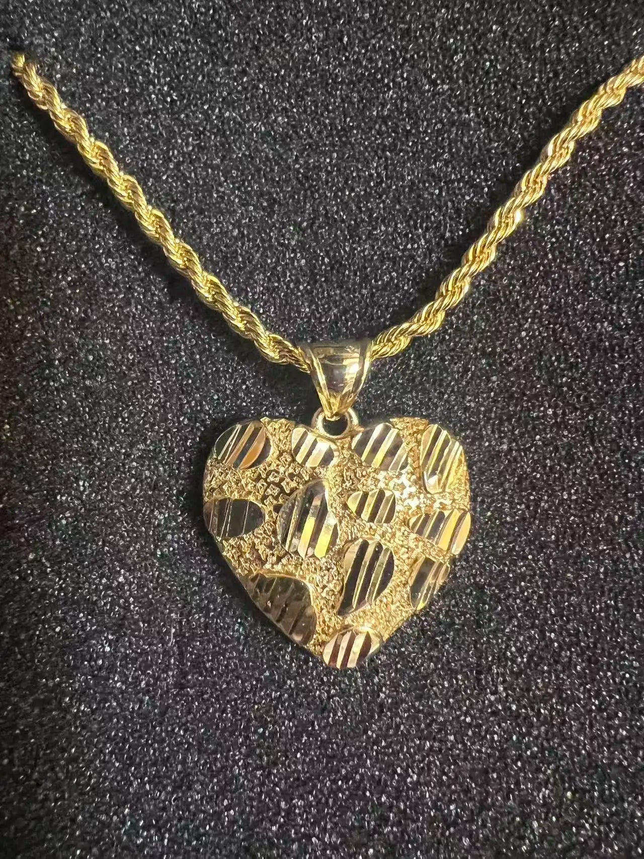 18K Gold Filled Rope Chain Necklace Nugget Heart Pendant