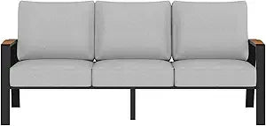 Outdoor Couch,  Aluminum Patio Furniture Set,  All-Weather Metal 3-Seat Sofa with Solid Teak Armrest and Thick Cushions,