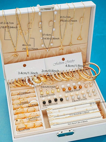 86pcs/Set Elegant Pearl Earrings,  Multi-Layered Necklaces,  Studs,  Rings,  4-In-1 Jewelry Set For Women Daily Wear Gift (No Box)