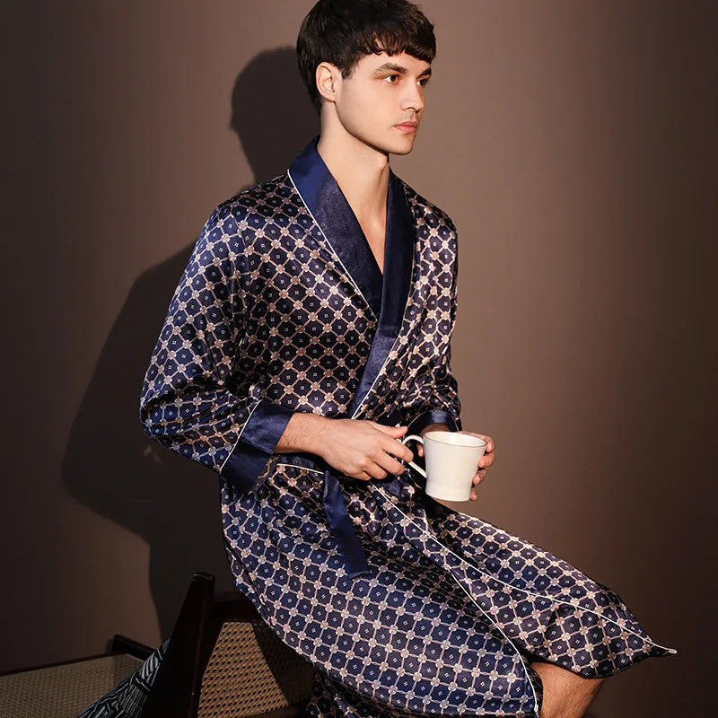 High Quality Nightrobes for  Men.   Summer Thin Bathrobe,  Large Size,  Ice Silk Printed Pajamas One-piece Robe, Loungewear, Spring