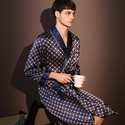 High Quality Nightrobes for  Men.   Summer Thin Bathrobe,  Large Size,  Ice Silk Printed Pajamas One-piece Robe, Loungewear, Spring