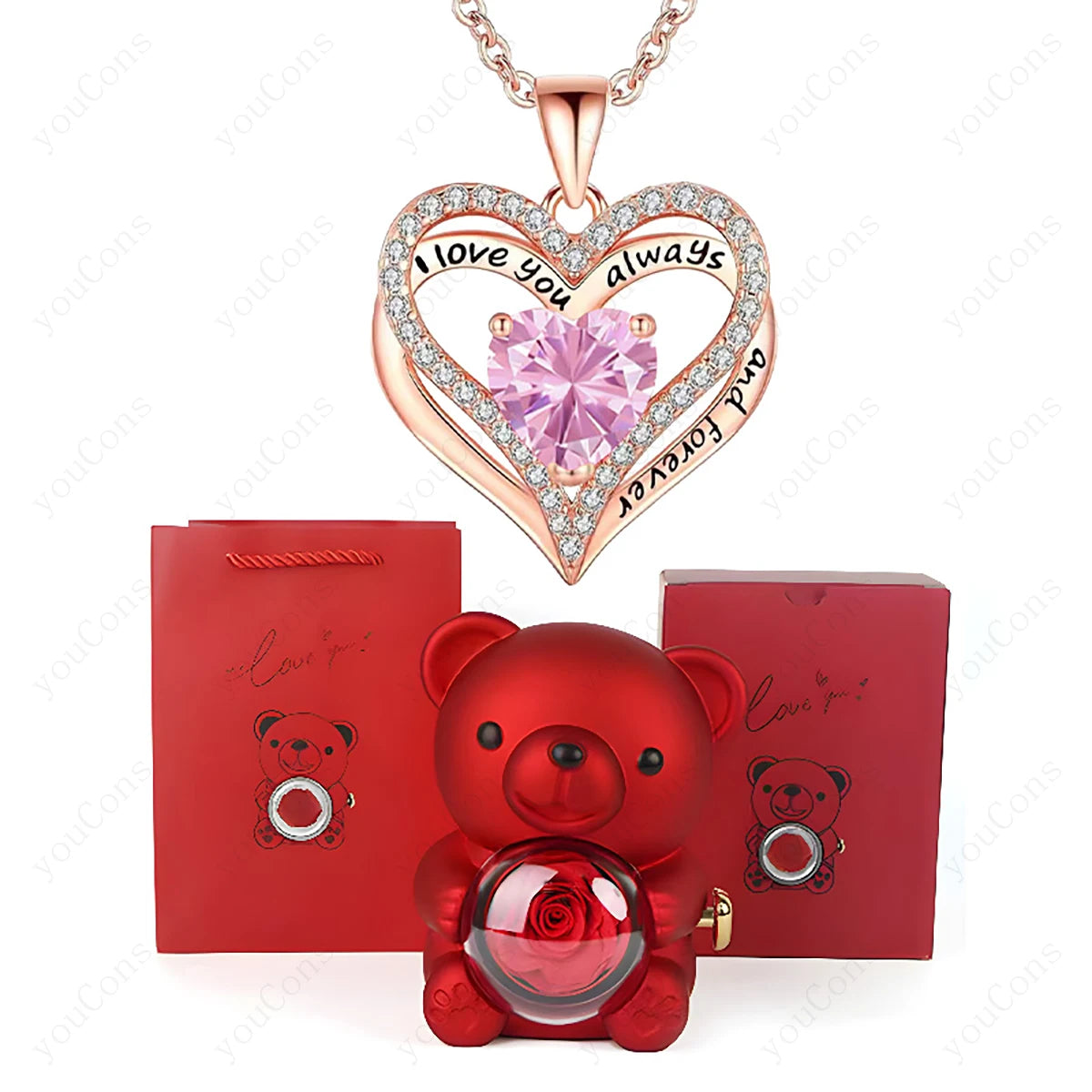 Red Heart Pendant Necklaces With Cute Bear Rose.  Gift Box For Women,  Mothers  Day 2026 Christmas Valentine Wedding Birthday Jewelry