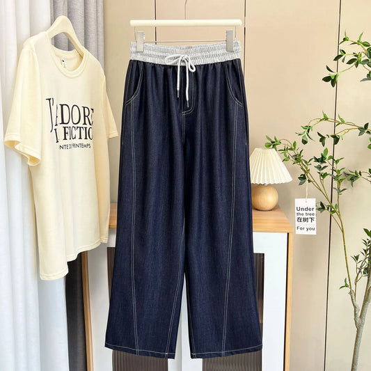 Spring Summer Wide Leg Jeans.  100kg  Temperament Color,  Waist Thin,  Lyocell Plus Size Women, Bright Line,  Straight Trousers