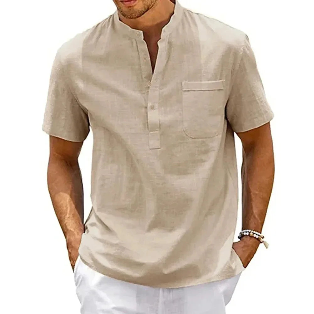 Cotton /Linen Shirt for  Men , Henley Neck,  Pocket,  Casual Beach, Short Sleeved,  Solid Colors, Male T-shirts