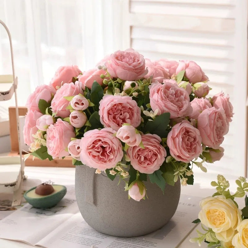 30cm Rose Pink Silk Bouquet of Peony Artificial Flowers.  5 Big Head 4 Small Bud.  MOTHERS DAY Gift!!!  Wedding, Home Decoration Artificial Flower