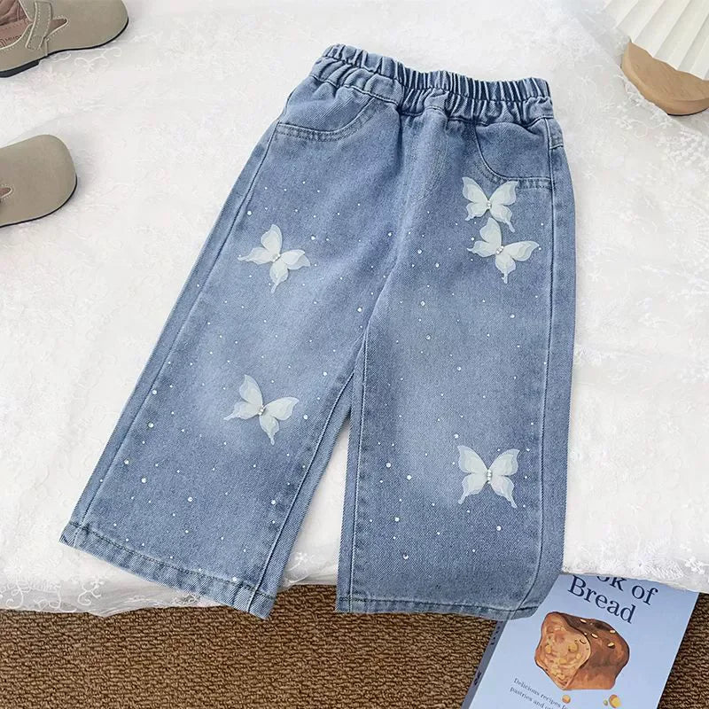 Girls Print Denim Pants.   New BlingBling Diamond Bow Jeans. Childrens  Clothes, Kids Straight Legged Pants,  Loose Trousers