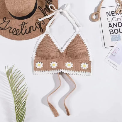 National Style Women Swimwear Top with Chest Pads Bohemian Beach Wear Outfit Crochet Hanging Neck Summer Sling Beach Vacation