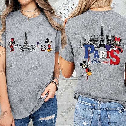 2026 Summer Mickey & Minnie Love Paris Print Mom and Dad Children Cotton T-shirt Short Sleeve Parent-Child Tees Casual Tops.  GREAT FATHERS DAY Gift   whether your taking that trip to Paris, or just wishing.