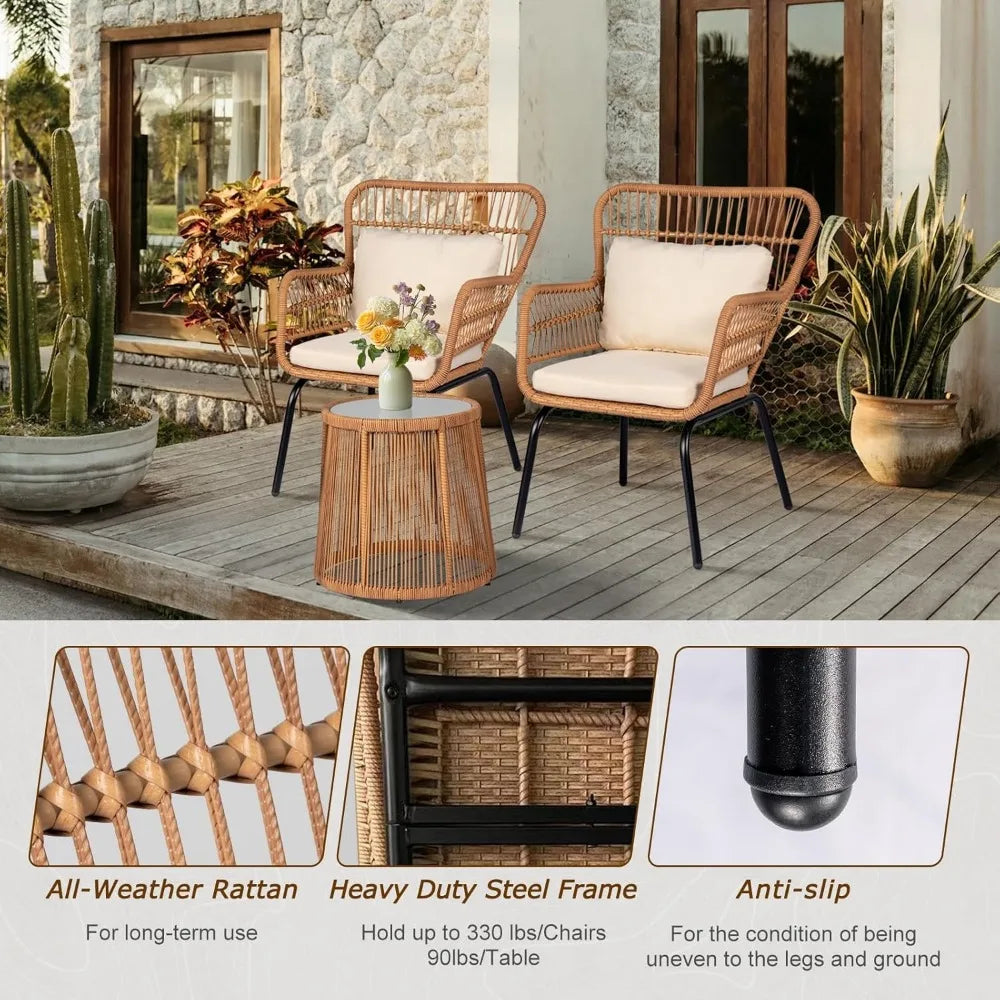 3 Piece Outdoor Wicker Bistro Set, Patio Conversation Sets w/2 Large Rattan Chairs and Tempered Glass Table, Patio Furniture. Small enough for a small porch or Garden Area