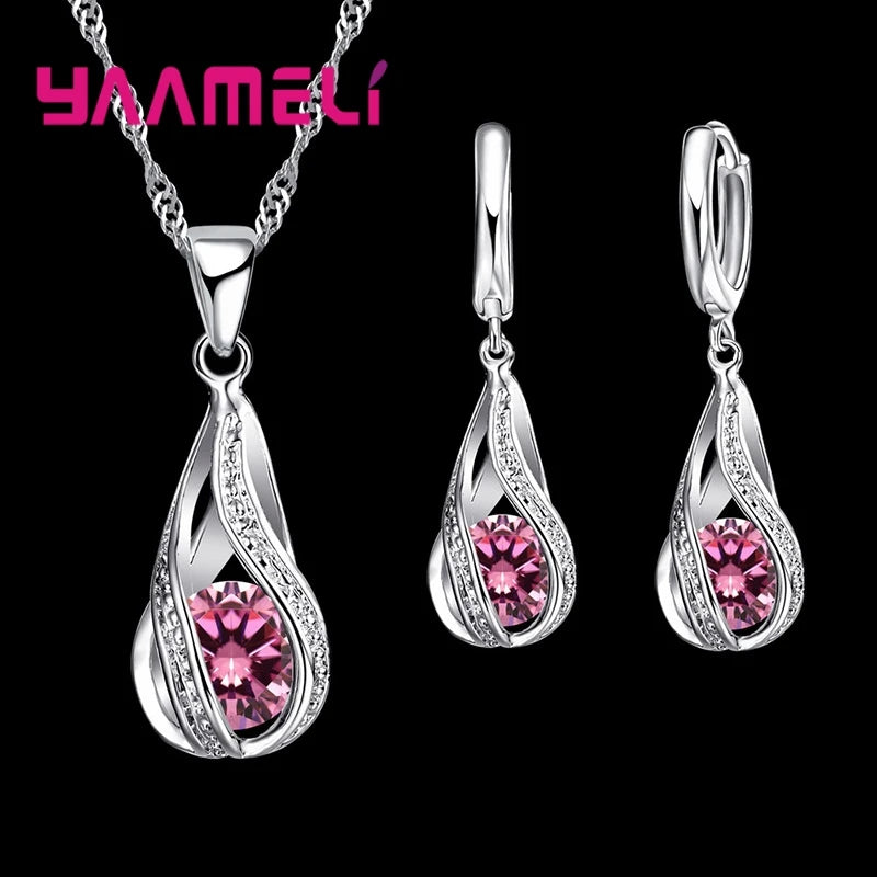 Hot Water Drop CZ 925 Sterling Silver Plated Jewelry Set For Women.  Pendant Necklace,  Hoop Earrings, Wedding gifts, MOTHERS DAY Gifts