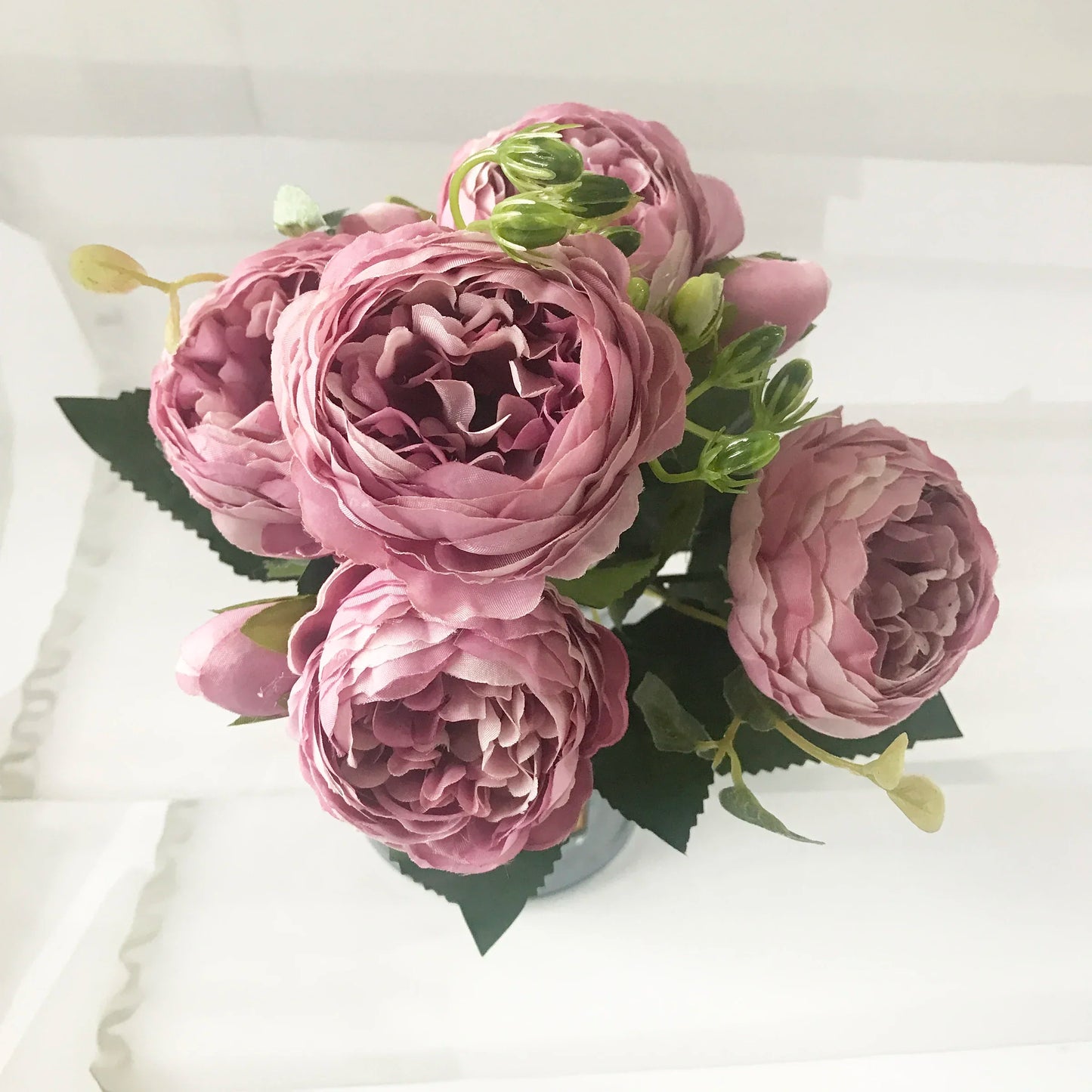 30cm Rose, Pink Silk Peony Artificial Flowers Bouquet  . 5 Big Head and 4 Bud  for Home Wedding Decoration indoor
