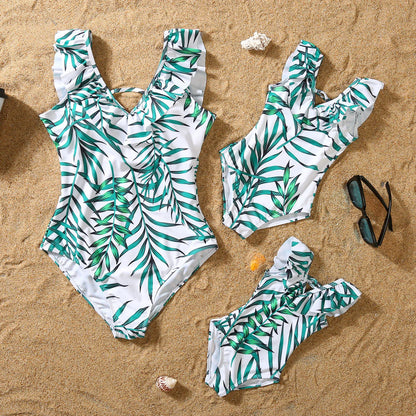 Matching Outfits for family,  Leaf Printed Swimsuit, Floral Full Print Multi-color One-piece Matching Swimwear