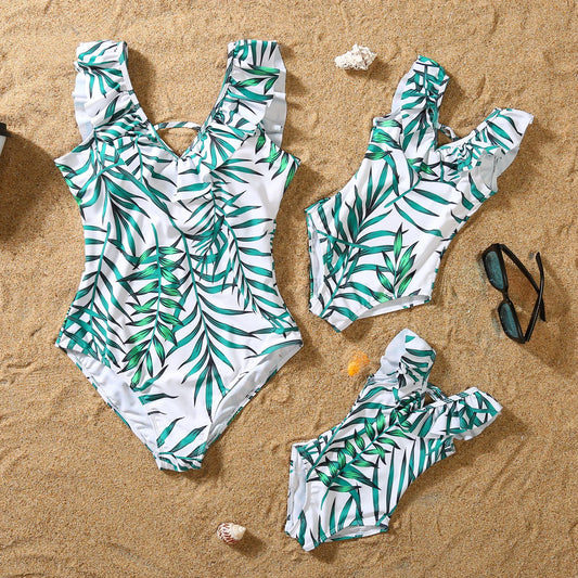Matching Outfits for family,  Leaf Printed Swimsuit, Floral Full Print Multi-color One-piece Matching Swimwear