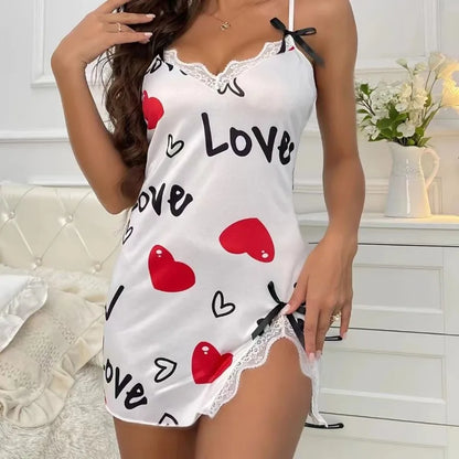 Lace Edge V-Neck Sling Side Split Sleepwear.   Women's Printed Love Letter in  Black.
