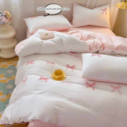3 Piece Sheet Set  pink bowknot embroidery duvet cover Set ， comfortable Bedding Set Bedspread for All Season