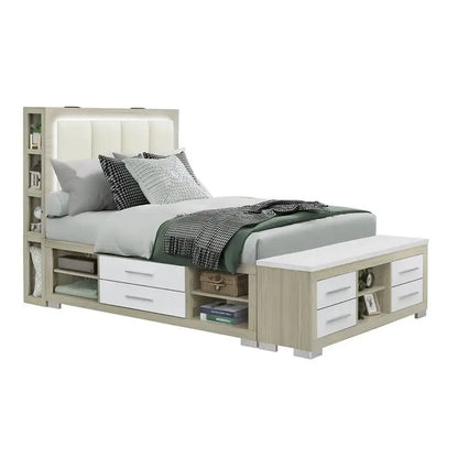Natural White Full Bedroom Set 5 Pieces - Modern Design for Cozy Spaces, Includes Bed Frame, Nightstands, Dresser and Mirror
